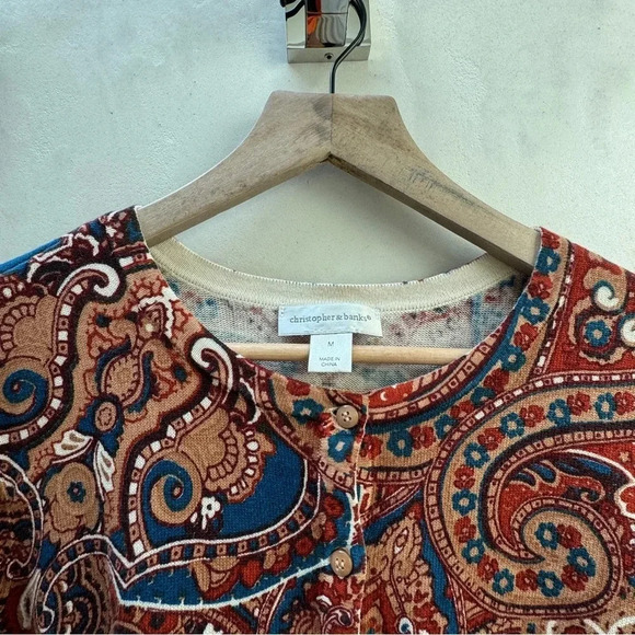 Christopher Banks || Earthy Paisley Cardigan Sweater Size Medium - Picture 6 of 7